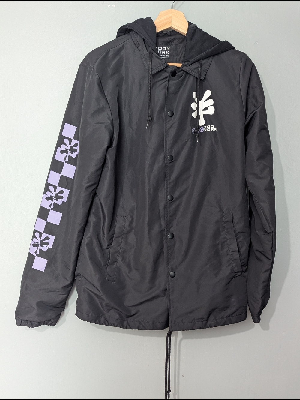 Zoo York Men's Hooded Black Windbreaker Jacket Graphic Sleeve Y2K Streetwear